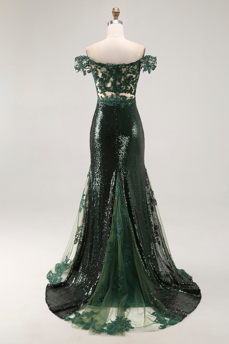 Load image into Gallery viewer, Sparkly Dark Green Mermaid Off the Shoulder Sequins Long Prom Dress