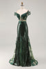 Load image into Gallery viewer, Sparkly Dark Green Mermaid Off the Shoulder Sequins Long Prom Dress