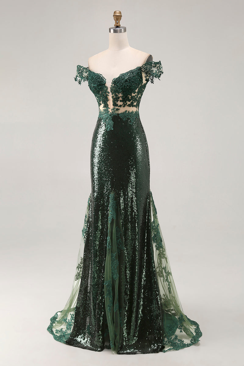 Load image into Gallery viewer, Sparkly Dark Green Mermaid Off the Shoulder Sequins Long Prom Dress