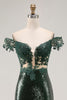 Load image into Gallery viewer, Sparkly Dark Green Mermaid Off the Shoulder Sequins Long Prom Dress