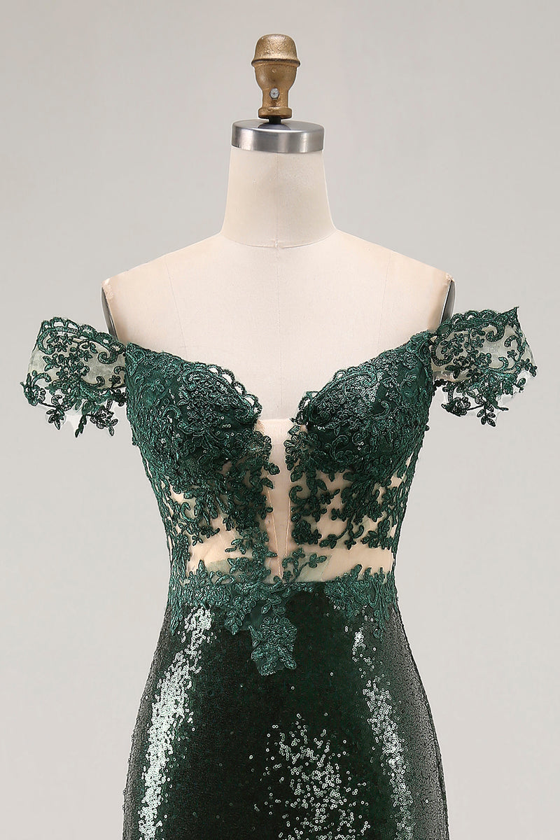 Load image into Gallery viewer, Sparkly Dark Green Mermaid Off the Shoulder Sequins Long Prom Dress