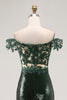 Load image into Gallery viewer, Sparkly Dark Green Mermaid Off the Shoulder Sequins Long Prom Dress