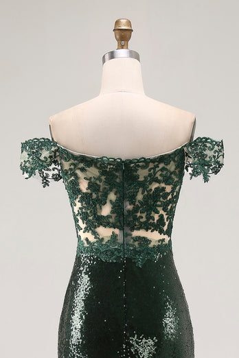 Sparkly Dark Green Mermaid Off the Shoulder Sequins Long Prom Dress
