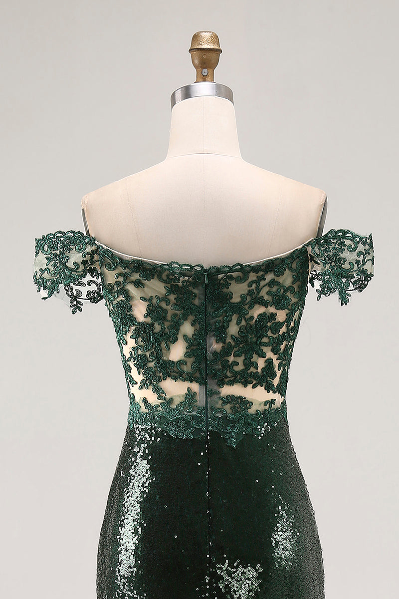 Load image into Gallery viewer, Sparkly Dark Green Mermaid Off the Shoulder Sequins Long Prom Dress
