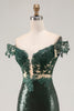 Load image into Gallery viewer, Sparkly Dark Green Mermaid Off the Shoulder Sequins Long Prom Dress