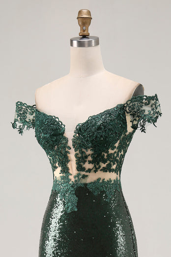 Sparkly Dark Green Mermaid Off the Shoulder Sequins Long Prom Dress