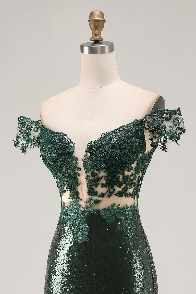 Load image into Gallery viewer, Sparkly Dark Green Mermaid Off the Shoulder Sequins Long Prom Dress
