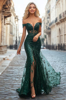 Load image into Gallery viewer, Queendancer Women Sparkly Corset Dark Green Sequins Prom Dress with Slit Mermaid Off the Shoulder Long Formal Dress with Appliques