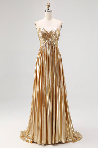 Metallic Gold Metallic Deep V Neck Pleated A Line Long Prom Dress