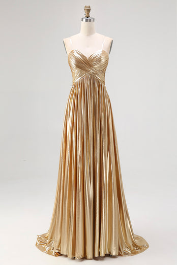 Metallic Gold Metallic Deep V Neck Pleated A Line Long Prom Dress