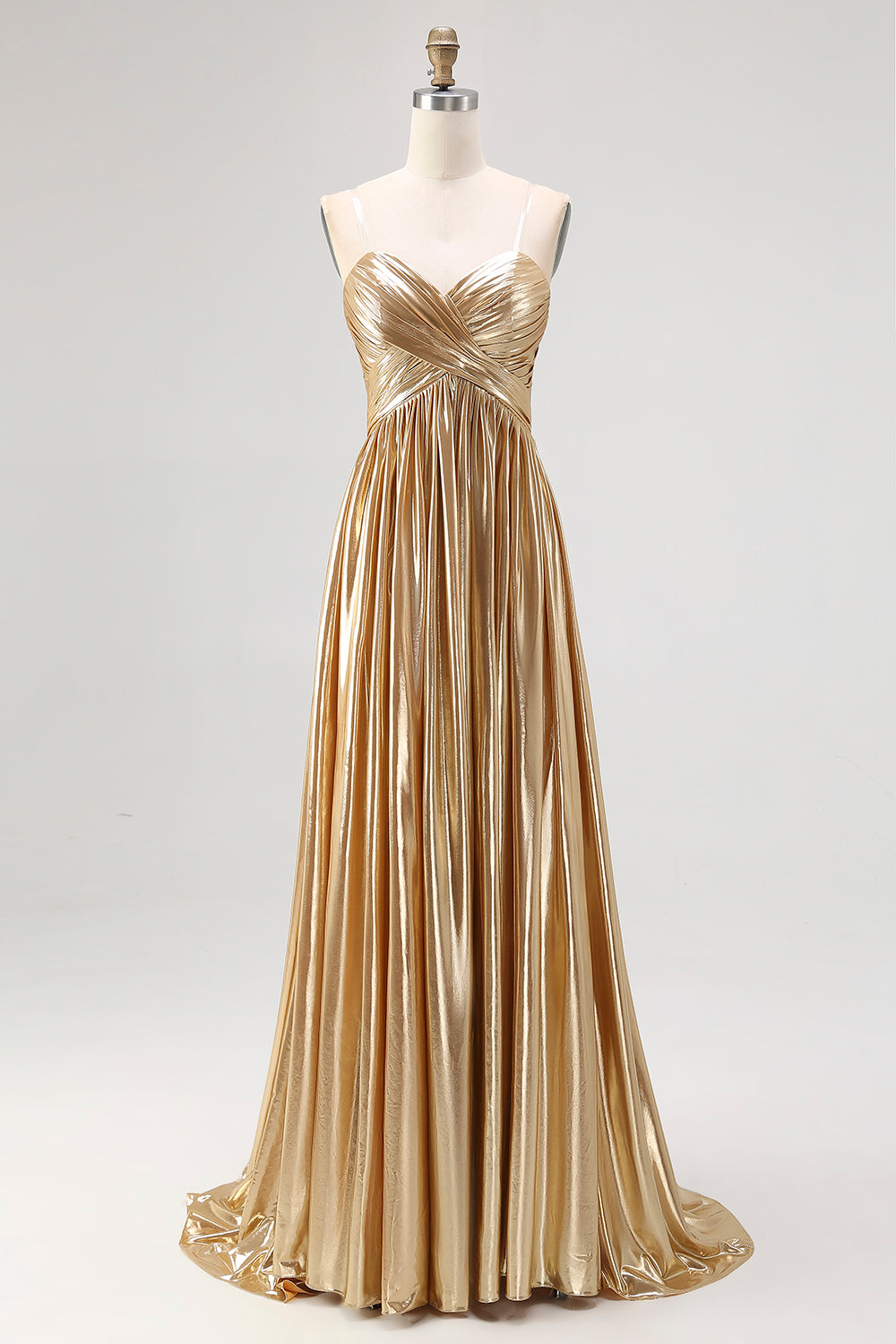 Metallic Gold Metallic Deep V Neck Pleated A Line Long Prom Dress
