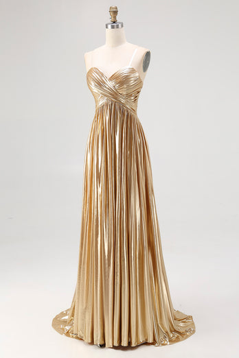 Metallic Gold Metallic Deep V Neck Pleated A Line Long Prom Dress