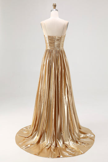 Gold Pleated Metallic Strapless A Line Long Prom Dress