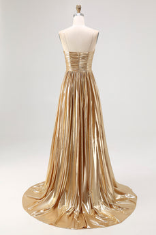 Metallic Gold Metallic Deep V Neck Pleated A Line Long Prom Dress