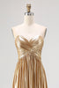 Load image into Gallery viewer, Metallic Gold Metallic Deep V Neck Pleated A Line Long Prom Dress