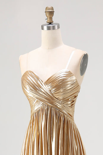 Metallic Gold Metallic Deep V Neck Pleated A Line Long Prom Dress