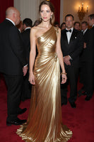Load image into Gallery viewer, Golden Metallic One Shoulder Ruched Long Formal Dress