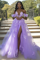 Load image into Gallery viewer, Floral Lilac Appliqued Strapless A Line Prom Dress with Slit