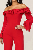 Load image into Gallery viewer, Red Off the Shoulder Chiffon Prom Jumpsuit with Long Sleeves