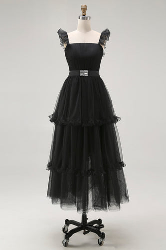 Black Tulle Tiered A Line Square Neck Tea Length Formal Dress with Ruffles