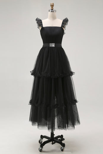 Black Tulle Tiered A Line Square Neck Tea Length Formal Dress with Ruffles