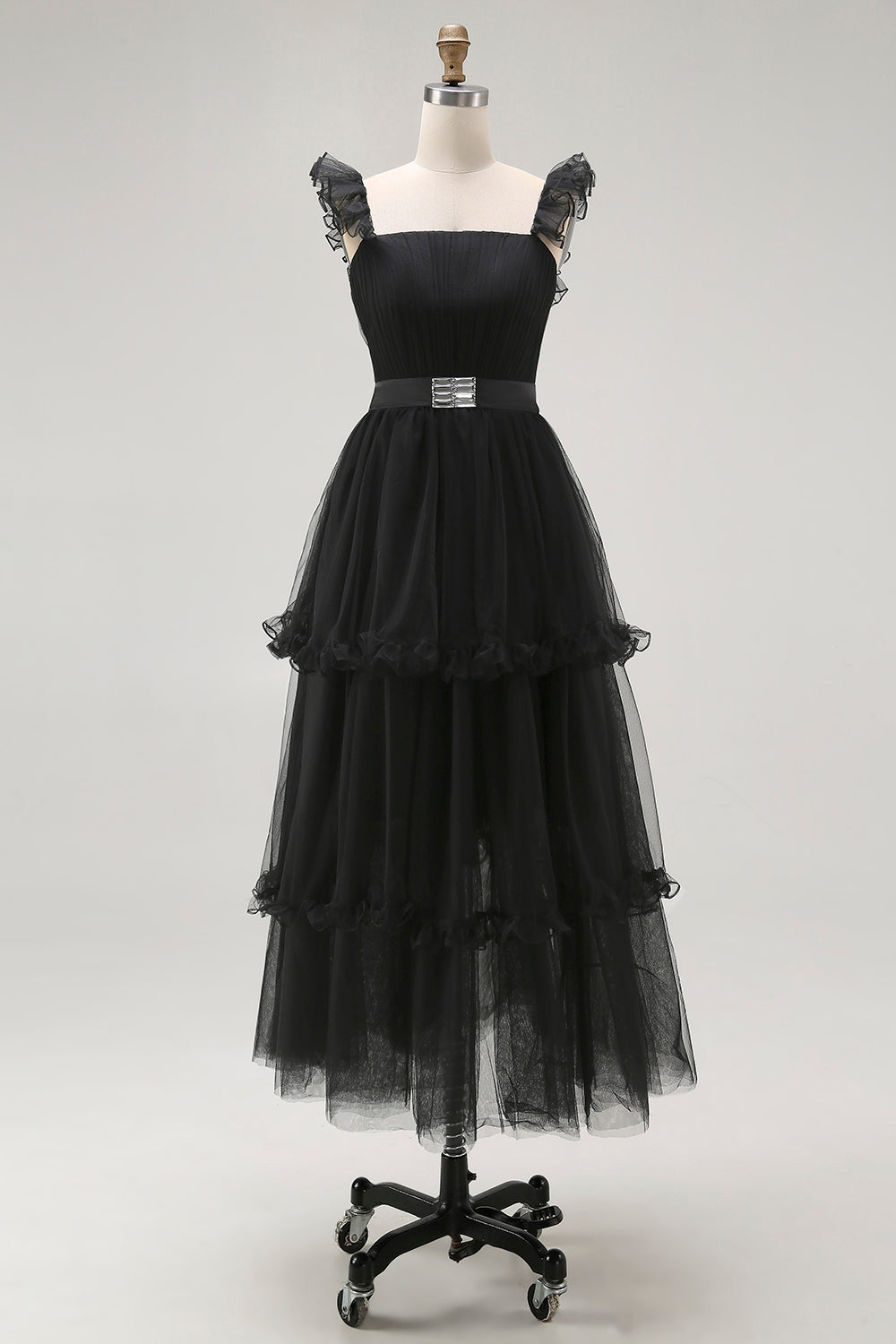 Black Tulle Tiered A Line Square Neck Tea Length Formal Dress with Ruffles