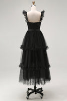 Load image into Gallery viewer, Black Tulle A Line Square Neck Tiered Tea Length Formal Dress