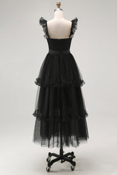 Black Tulle Tiered A Line Square Neck Tea Length Formal Dress with Ruffles