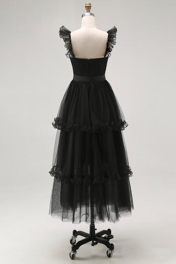 Black Tulle Tiered A Line Square Neck Tea Length Formal Dress with Ruffles