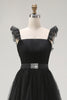 Load image into Gallery viewer, Black Tulle Tiered A Line Square Neck Tea Length Formal Dress with Ruffles