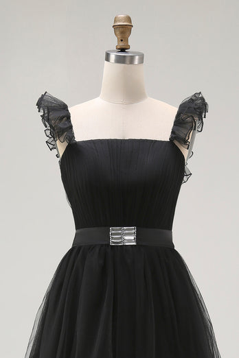 Black Tulle Tiered A Line Square Neck Tea Length Formal Dress with Ruffles