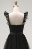 Load image into Gallery viewer, Black Tulle Tiered A Line Square Neck Tea Length Formal Dress with Ruffles