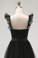 Load image into Gallery viewer, Black Tulle Tiered A Line Square Neck Tea Length Formal Dress with Ruffles