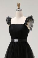Load image into Gallery viewer, Black Tulle Tiered A Line Square Neck Tea Length Formal Dress with Ruffles