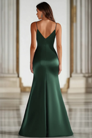 Load image into Gallery viewer, Dark Green Stretch Satin Spaghetti Straps Long Formal Dress