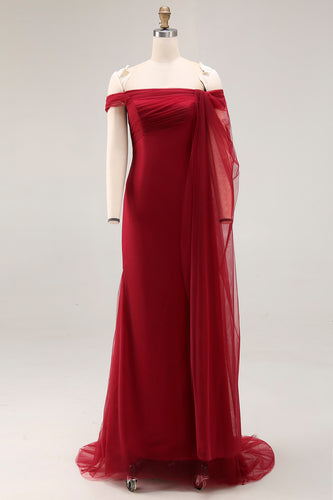Cabernet Sheath Off the Shoulder Long Formal Dress with Side Cape