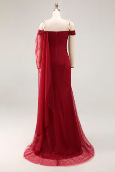 Cabernet Sheath Off the Shoulder Long Formal Dress with Side Cape