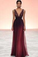 Load image into Gallery viewer, Sparkly Burgundy V-Neck Sheath Long Formal Dress