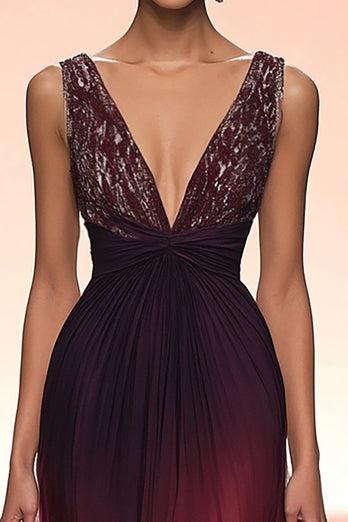 Sparkly Burgundy V-Neck Sheath Long Formal Dress