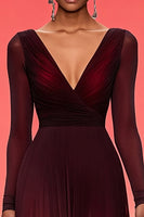 Load image into Gallery viewer, Burgundy V-Neck A Line Formal Dress with Long Sleeves
