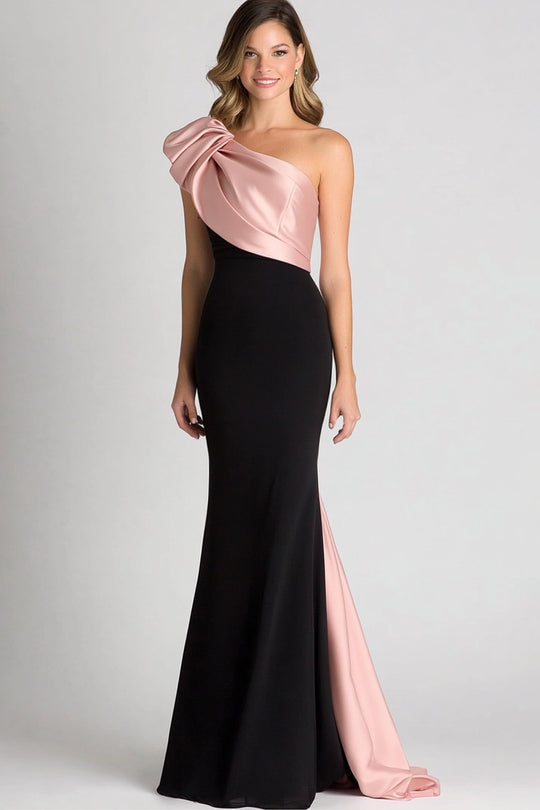Queendancer Women Black Blush Satin Long Formal Dress Sheath One Shoulder Ruched Floor Length Black Tie Dress