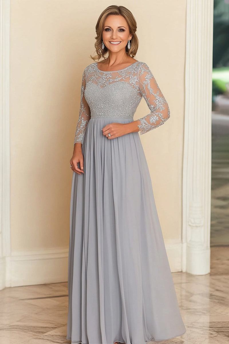 silver dress for wedding guest Queendancer Women Silver A Line Chiffon Mother of the Bride Dress with Lace  Scoop Pleated Long Sleeves Wedding Guest Dress – queendancer