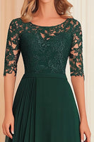 Load image into Gallery viewer, Dark Green Chiffon A Line Boat Neck Long Mother of the Bride Dress with Lace