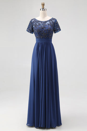 Navy Chiffon A Line Long Mother of the Bride Dress with Lace