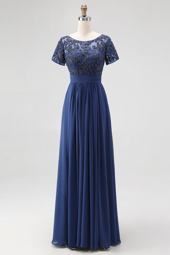 Navy Chiffon A Line Long Mother of the Bride Dress with Lace