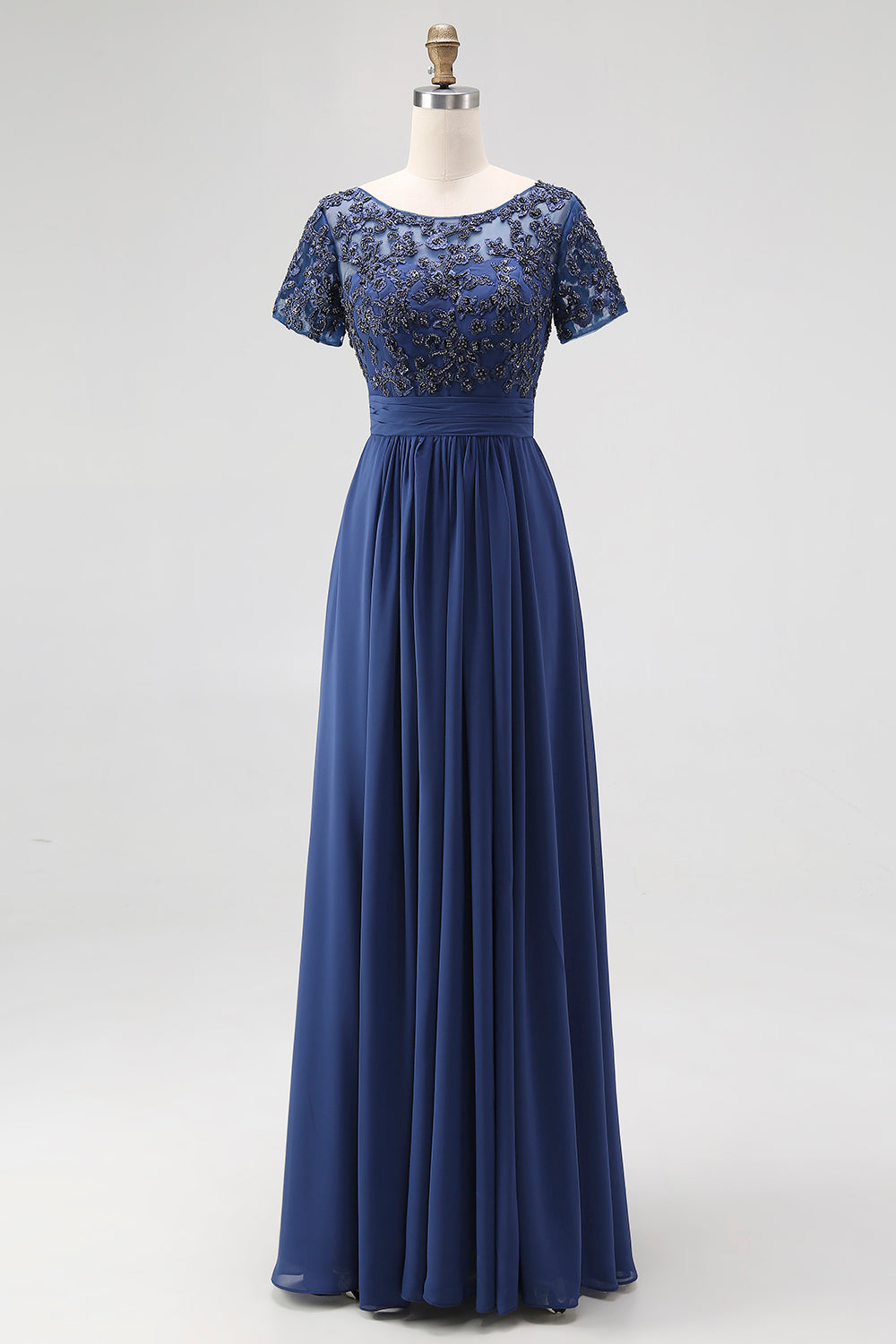 Navy Chiffon A Line Long Mother of the Bride Dress with Lace