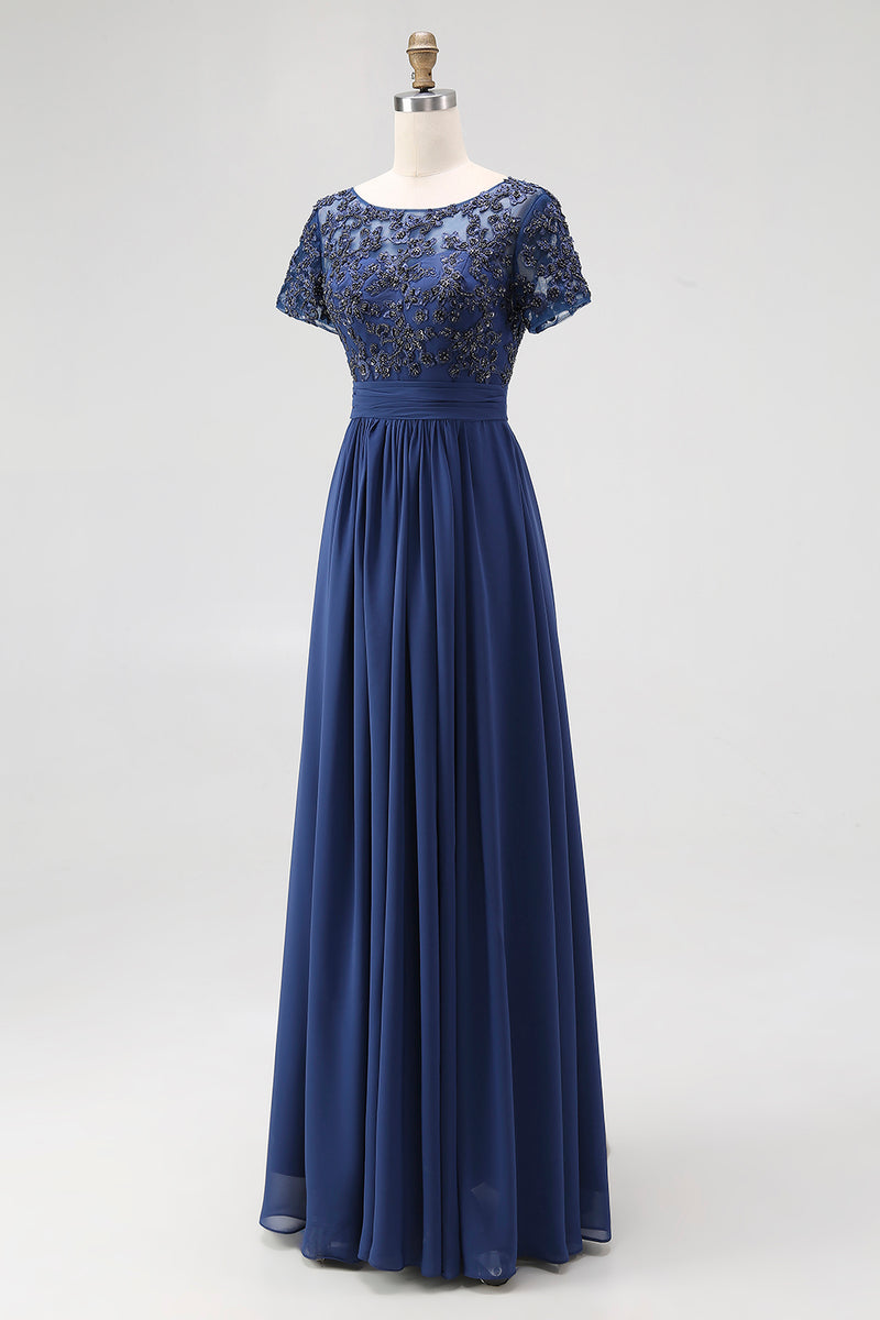 Load image into Gallery viewer, Navy Chiffon A Line Long Mother of the Bride Dress with Lace