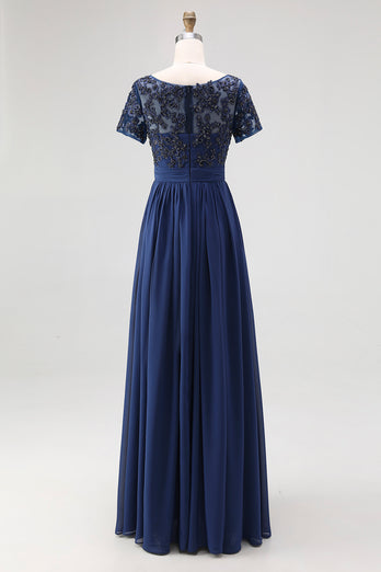 Navy Chiffon A Line Long Mother of the Bride Dress with Lace