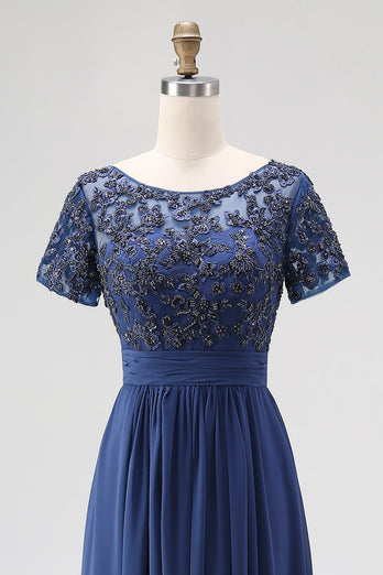 Navy Chiffon A Line Long Mother of the Bride Dress with Lace