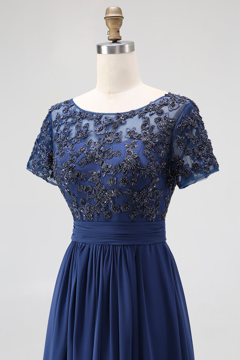 Load image into Gallery viewer, Navy Chiffon A Line Long Mother of the Bride Dress with Lace